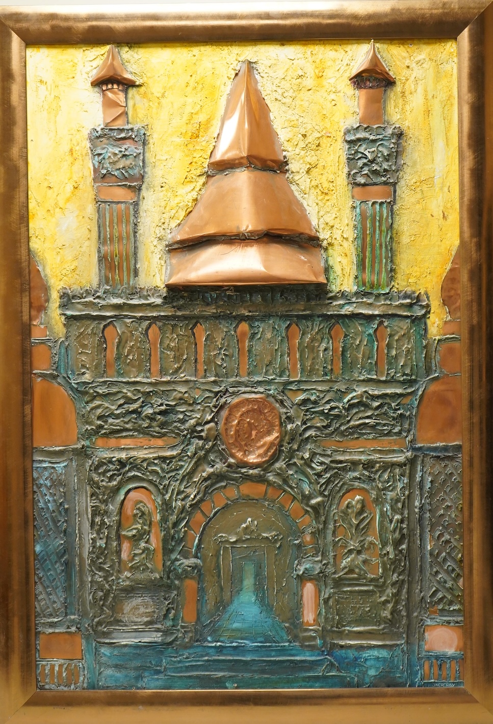 Jack Ray (b.1946) a 1970’s copper relief and painted panel of a temple, signed, framed, 102 x 70cm